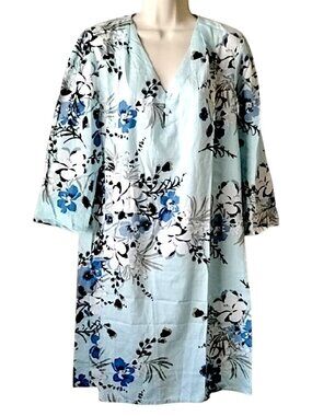NWT Laurence Tavernier Cotton Sleep Tunic L Blue Floral Pajama Dress